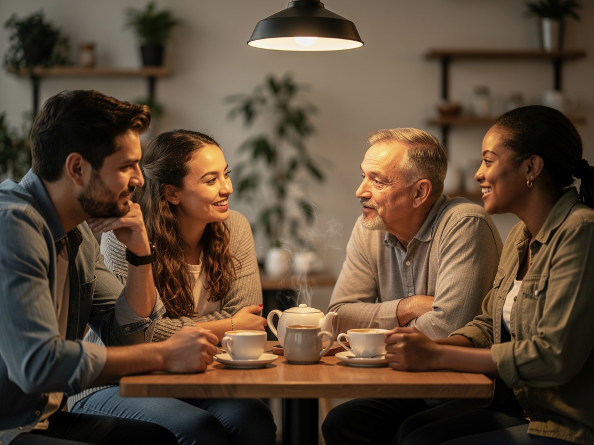 Fremde begegnen sich im Café und unterhalten sich