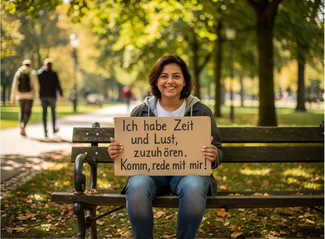Frau auf einer Bank mit einem Schild: „Ich habe Zeit und Lust zuzuhören…"